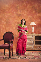 Printed Satin Jacquard Saree with Gold Zari Detailing