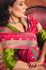 Printed Satin Jacquard Saree with Gold Zari Detailing