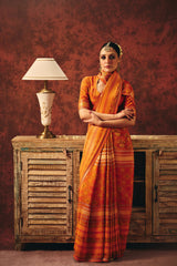 Vibrant Orange Satin Jacquard Saree