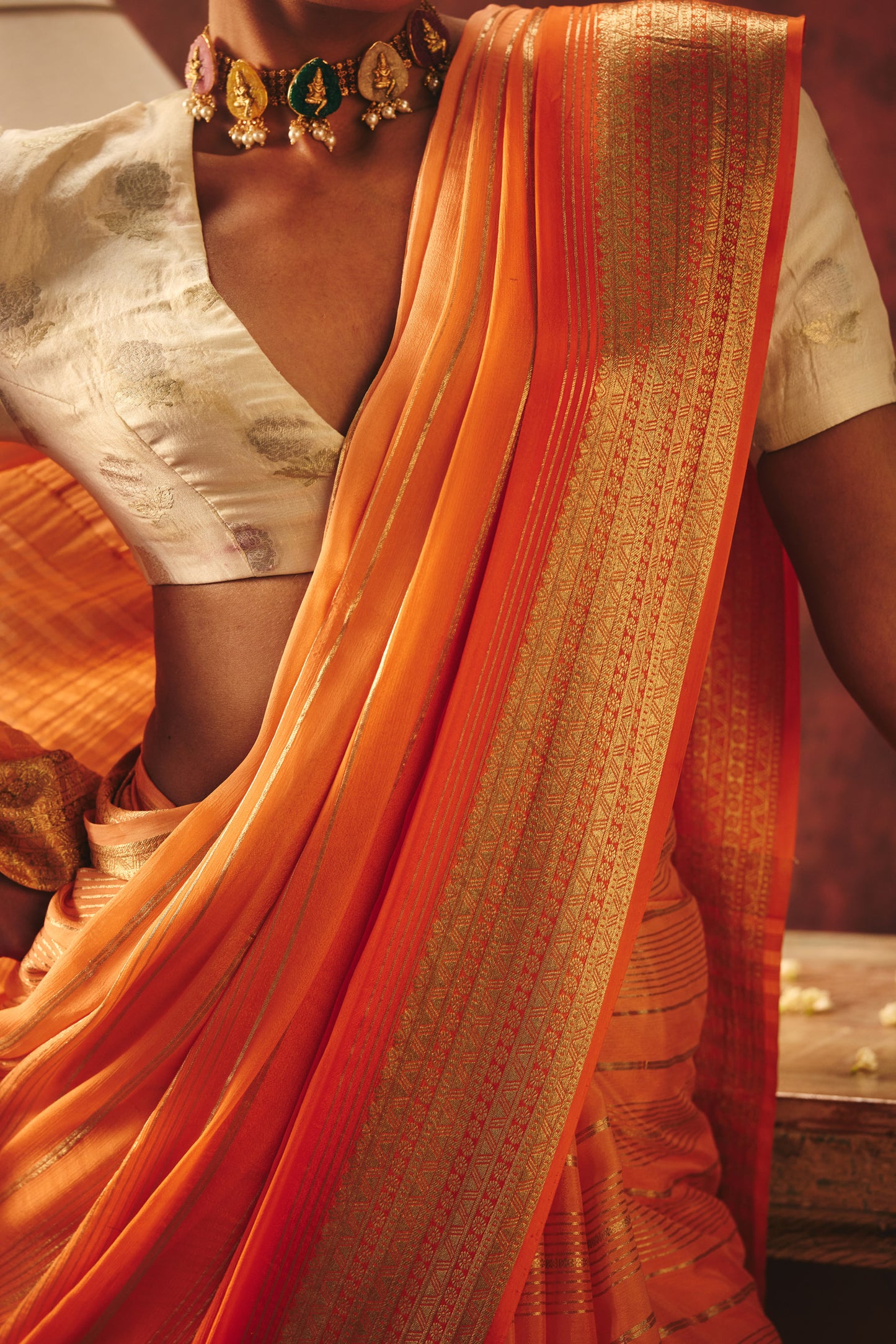 Amber Glow Crepe Jacquard Saree