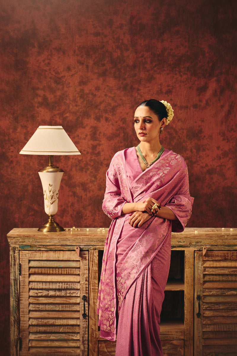 Rosewood Bloom Satin Jacquard Saree