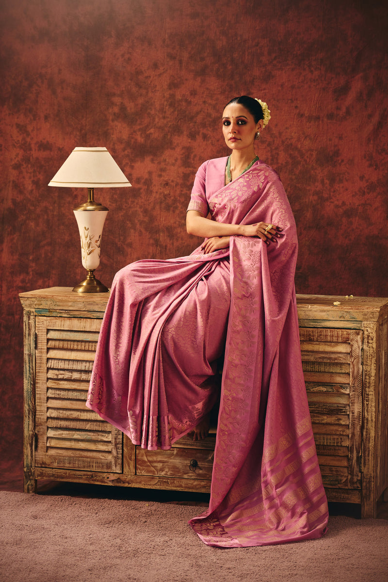 Rosewood Bloom Satin Jacquard Saree