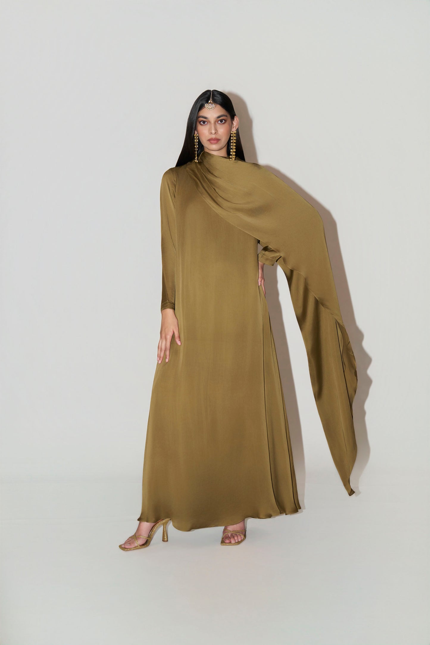 Olive Green Dress With Side Cape