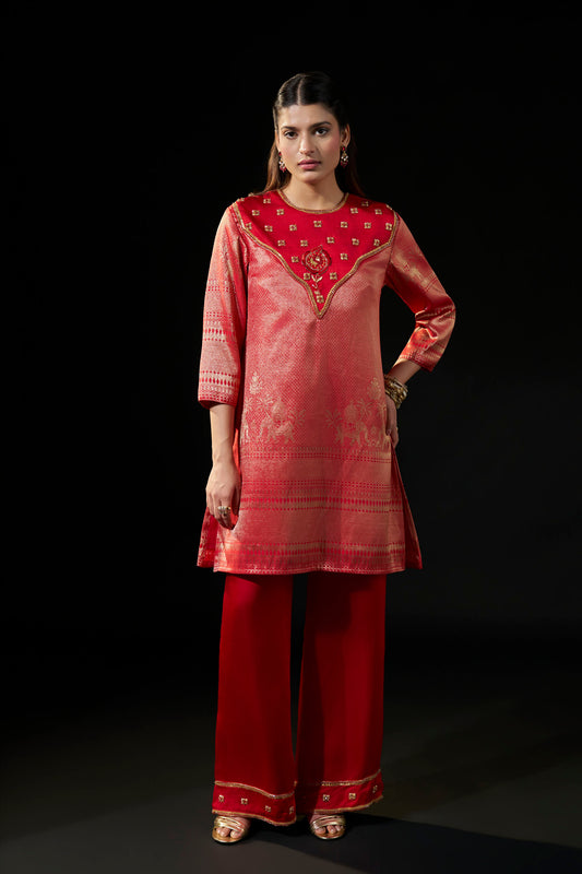 Red Hand-Embellished Brocade Kurta & Satin Pants Set