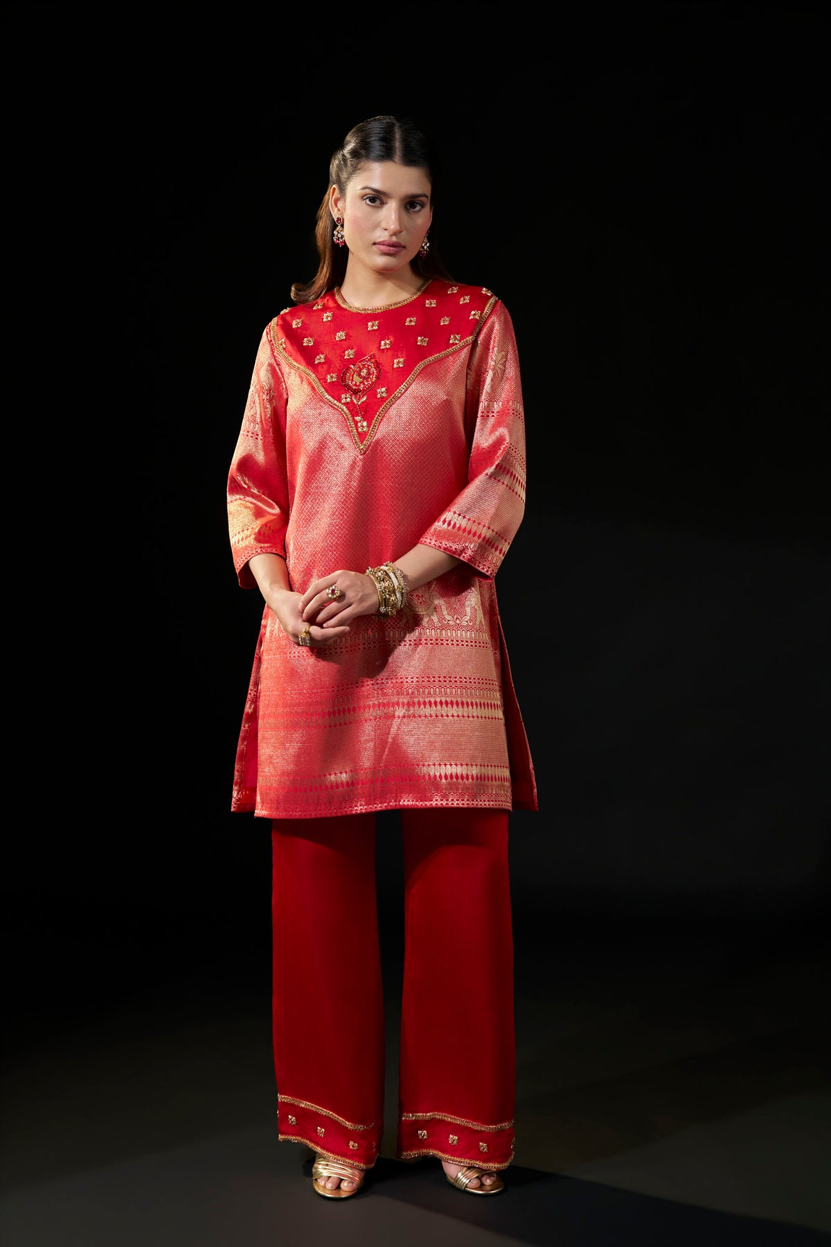 Red Hand-Embellished Brocade Kurta & Satin Pants Set