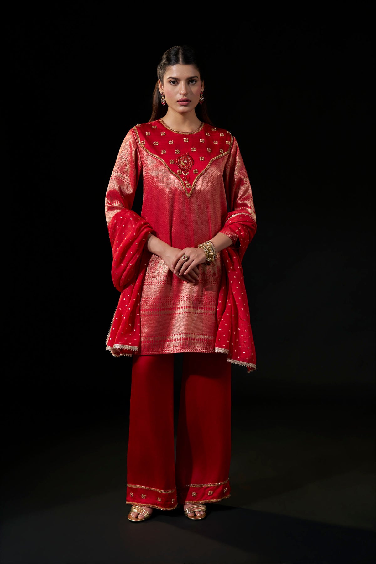 Red Hand-Embellished Brocade Kurta & Satin Pants Set