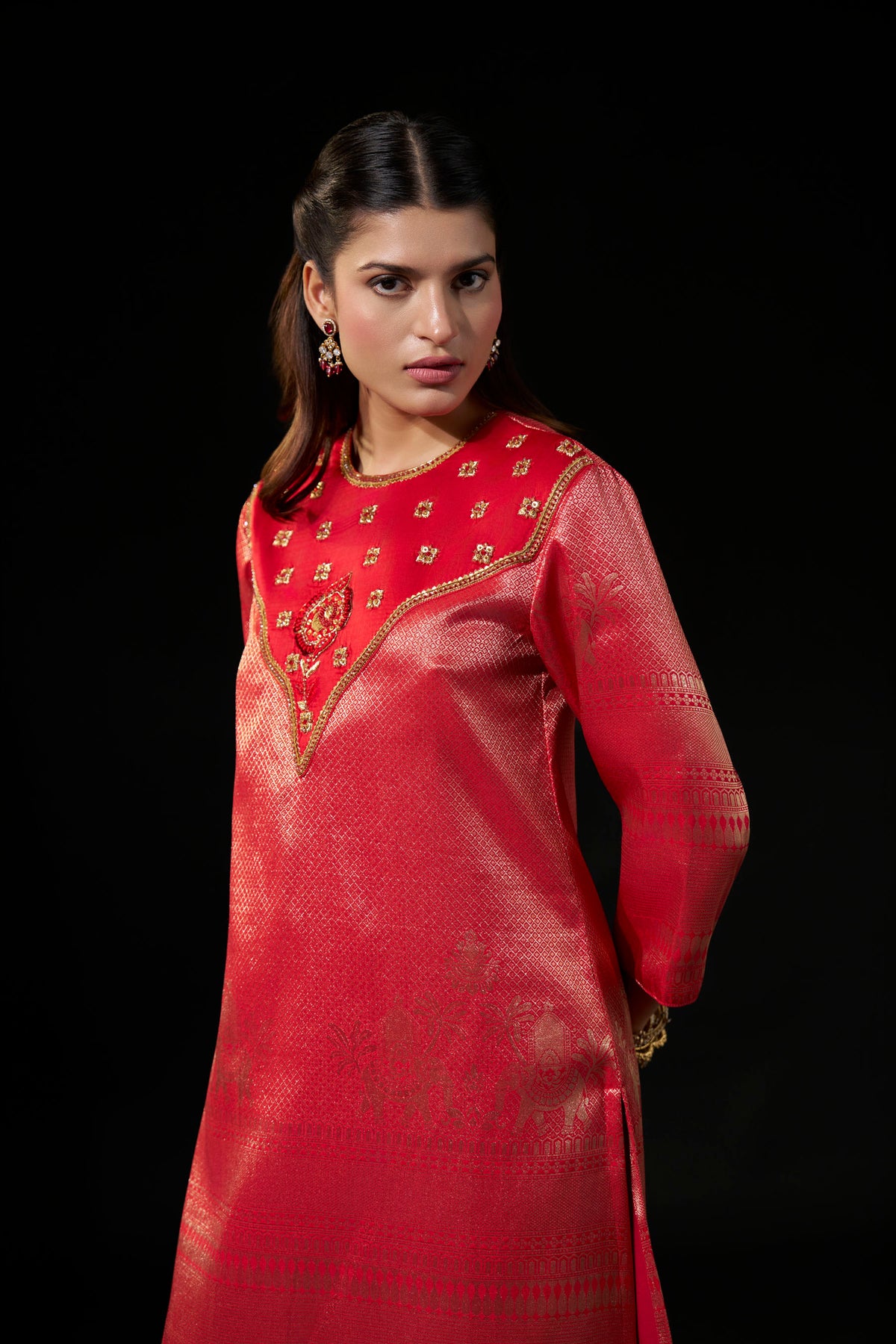 Red Hand-Embellished Brocade Kurta & Satin Pants Set