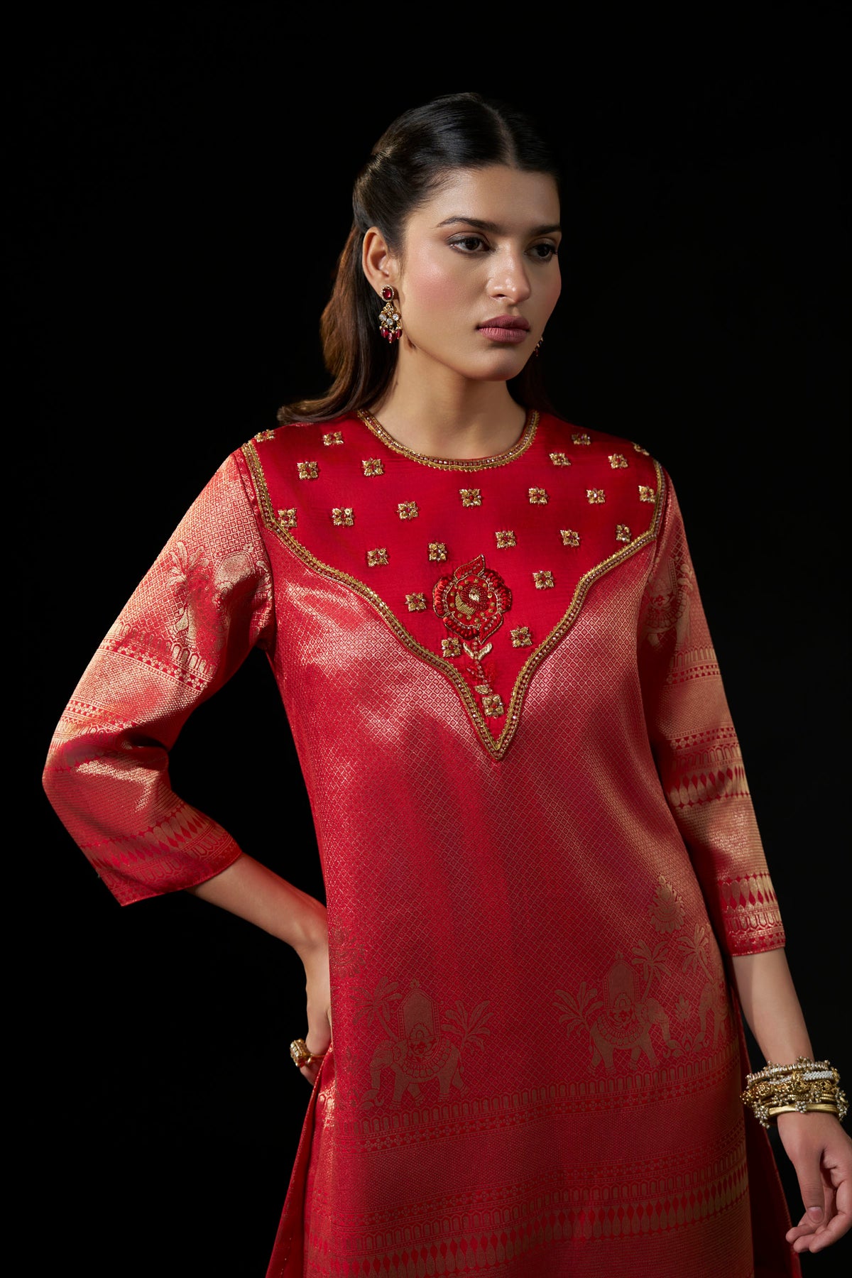 Red Hand-Embellished Brocade Kurta & Satin Pants Set