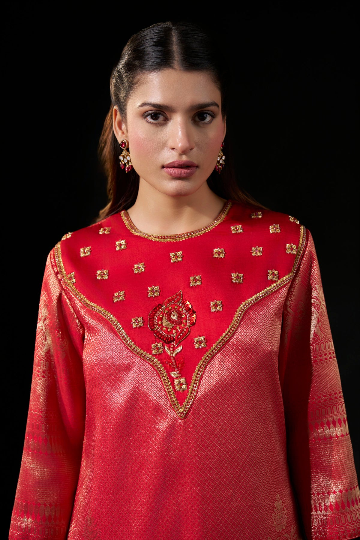Red Hand-Embellished Brocade Kurta & Satin Pants Set