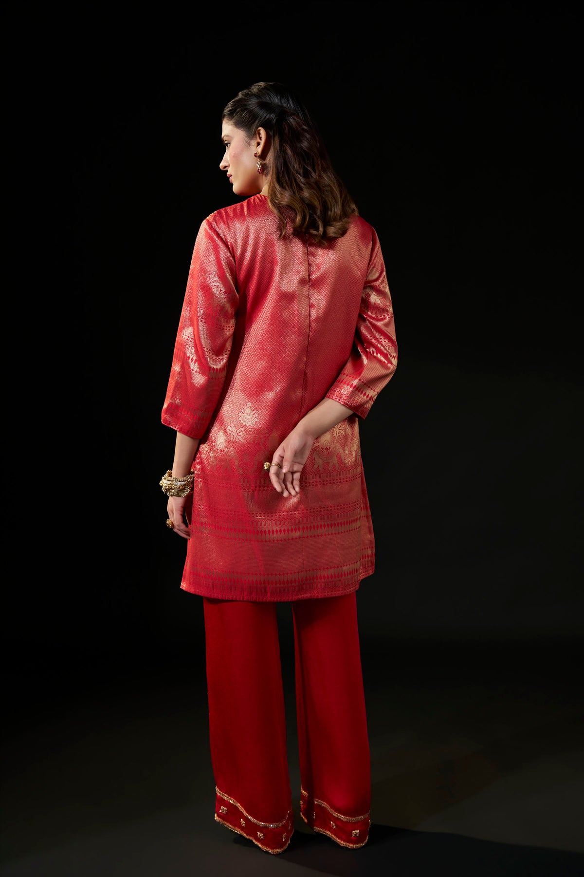 Red Hand-Embellished Brocade Kurta & Satin Pants Set