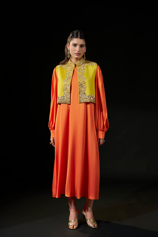 Orange Satin Dress with Embellished Yellow Jacket