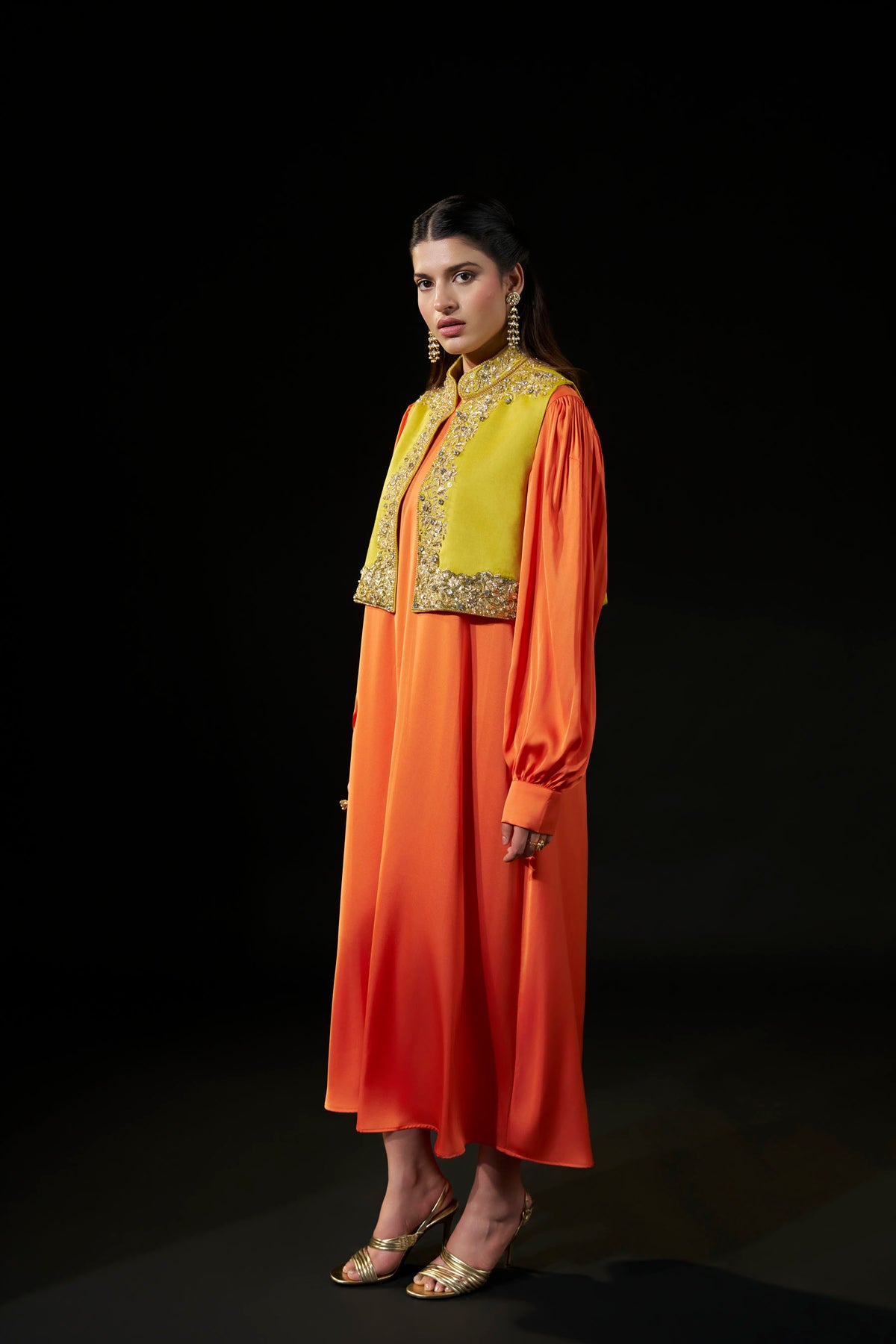 Orange Satin Dress with Embellished Yellow Jacket