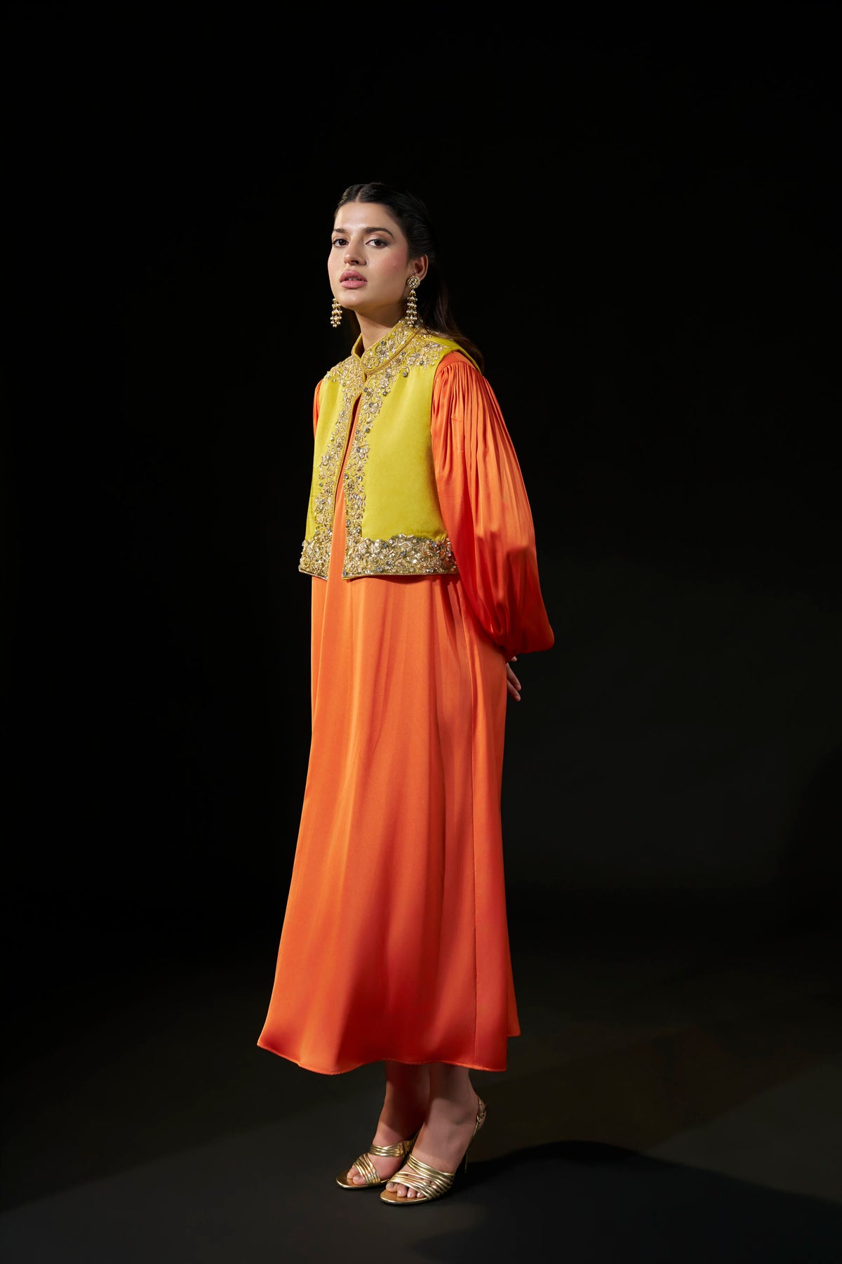 Orange Satin Dress with Embellished Yellow Jacket
