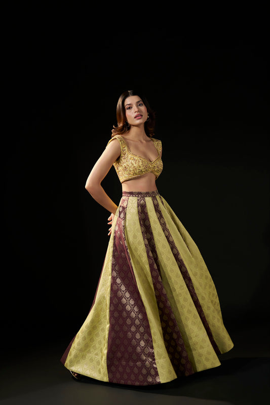 Gold & Brown Brocade Flared Skirt