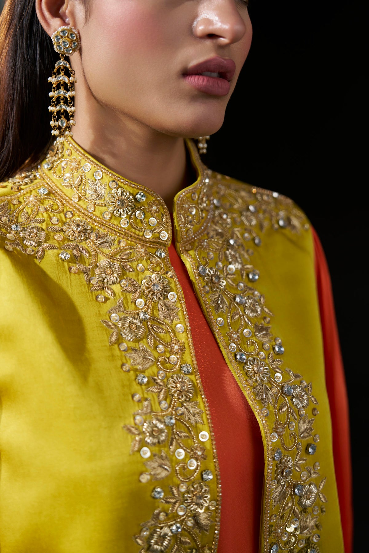 Orange Satin Dress with Embellished Yellow Jacket