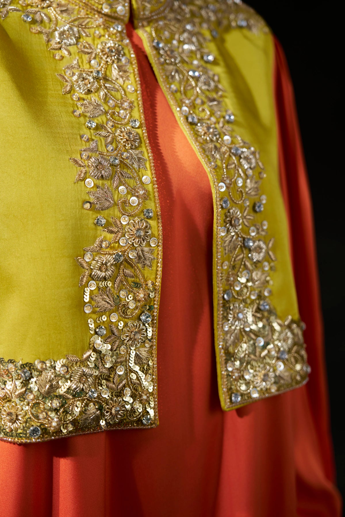 Orange Satin Dress with Embellished Yellow Jacket