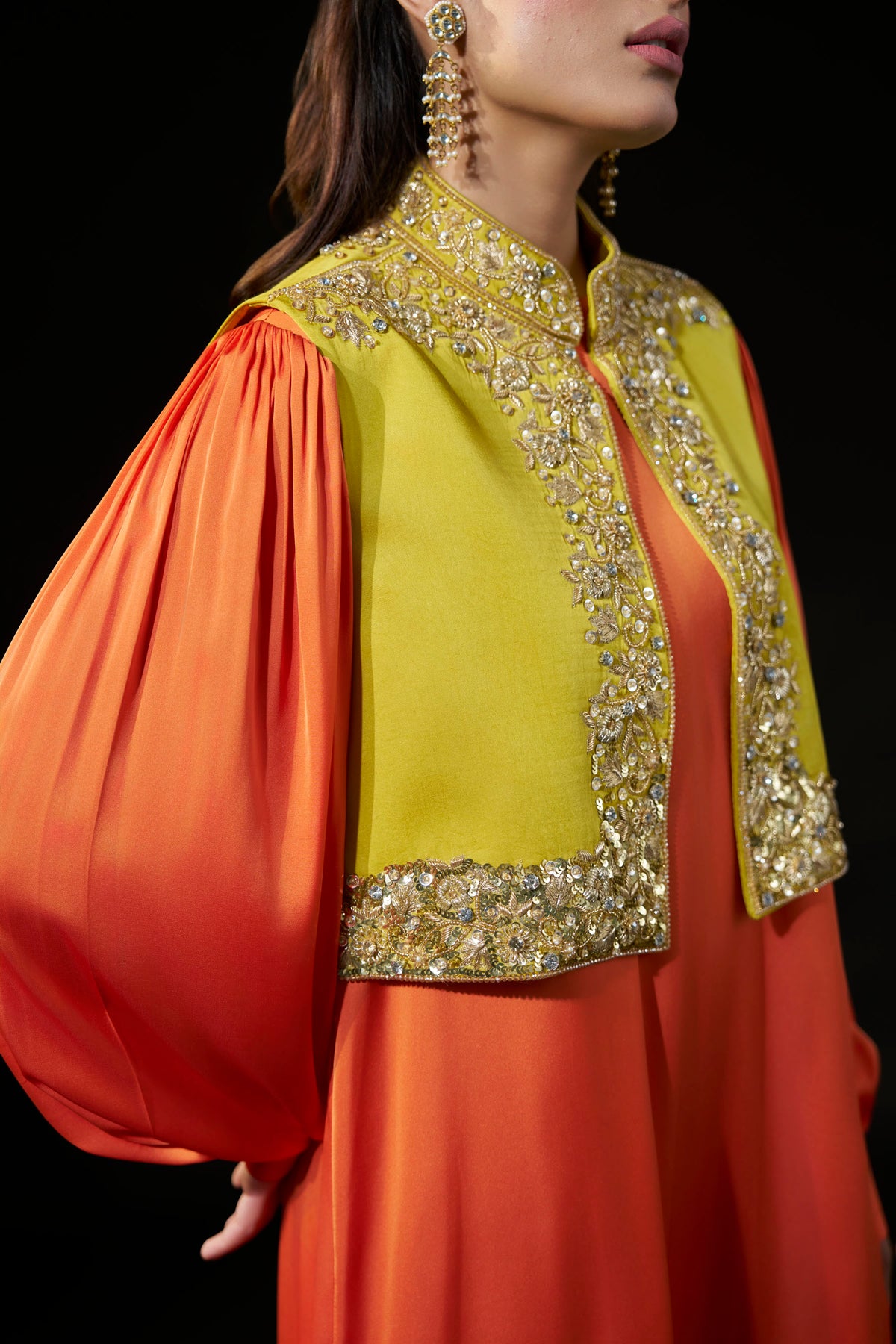 Orange Satin Dress with Embellished Yellow Jacket