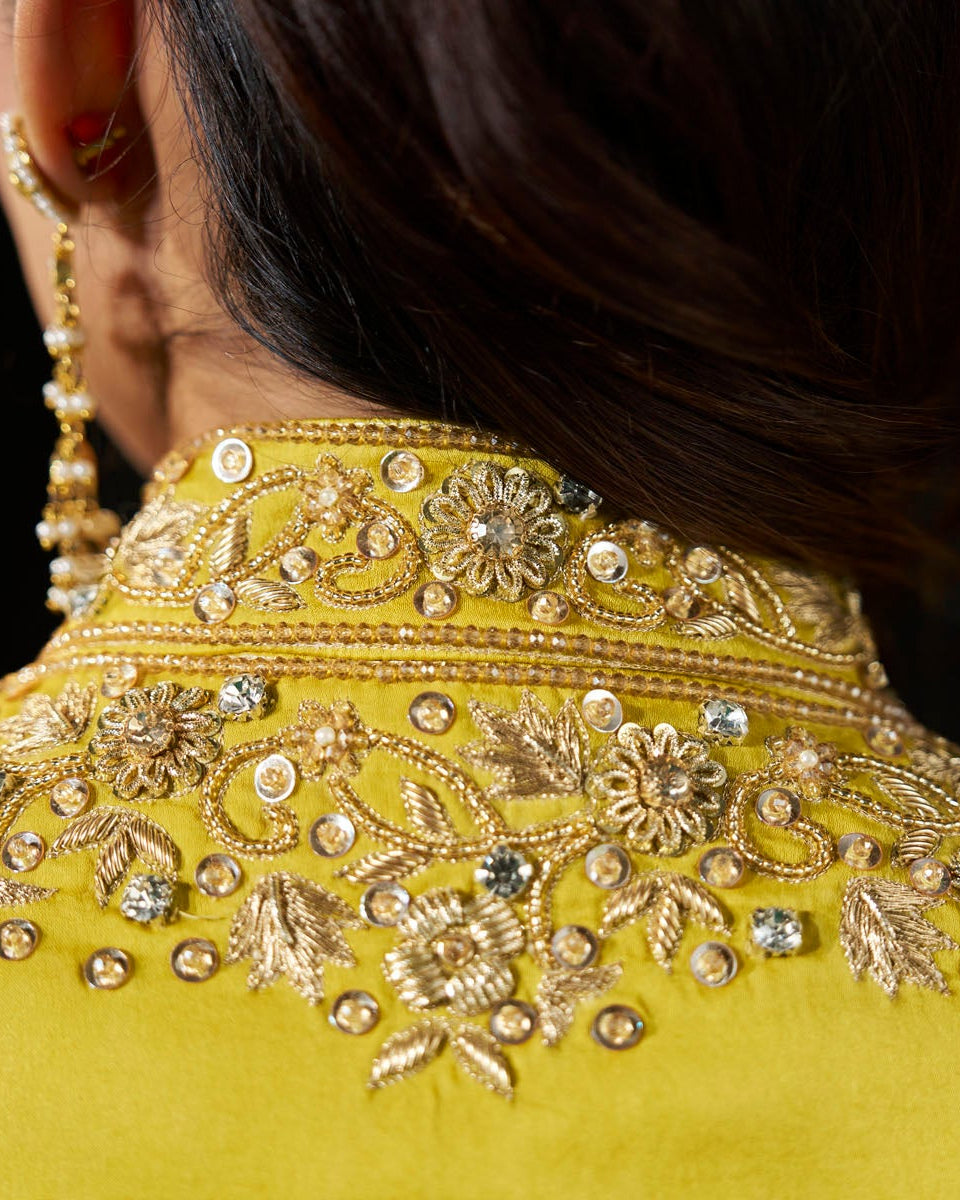 Orange Satin Dress with Embellished Yellow Jacket
