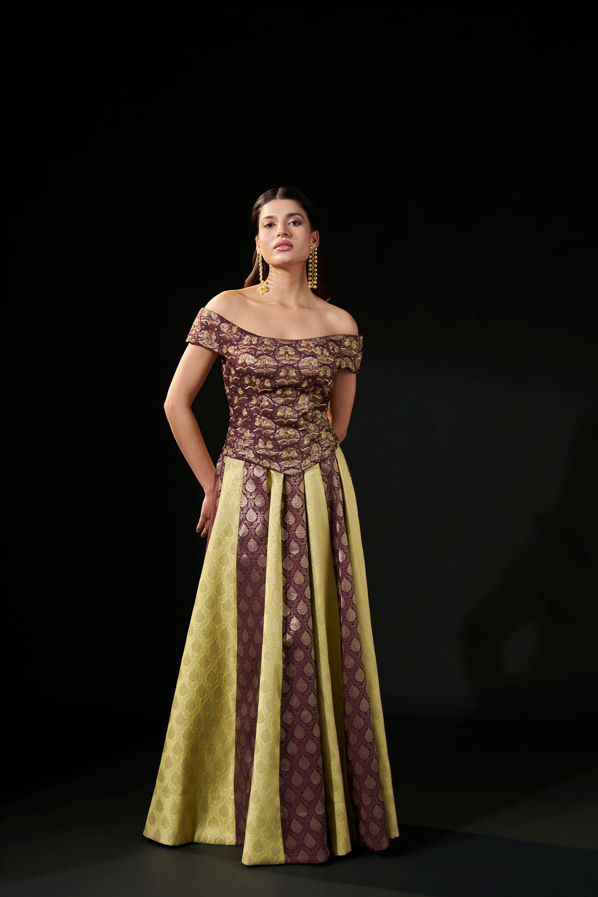 Gold & Brown Brocade Flared Skirt