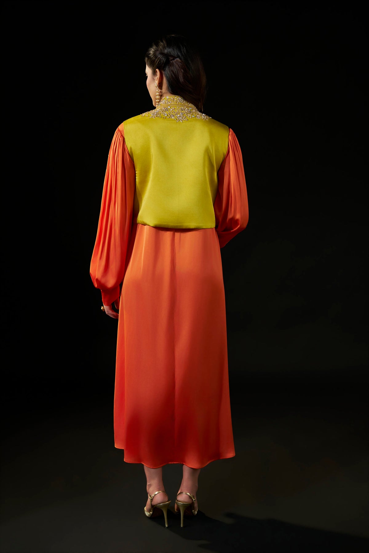 Orange Satin Dress with Embellished Yellow Jacket