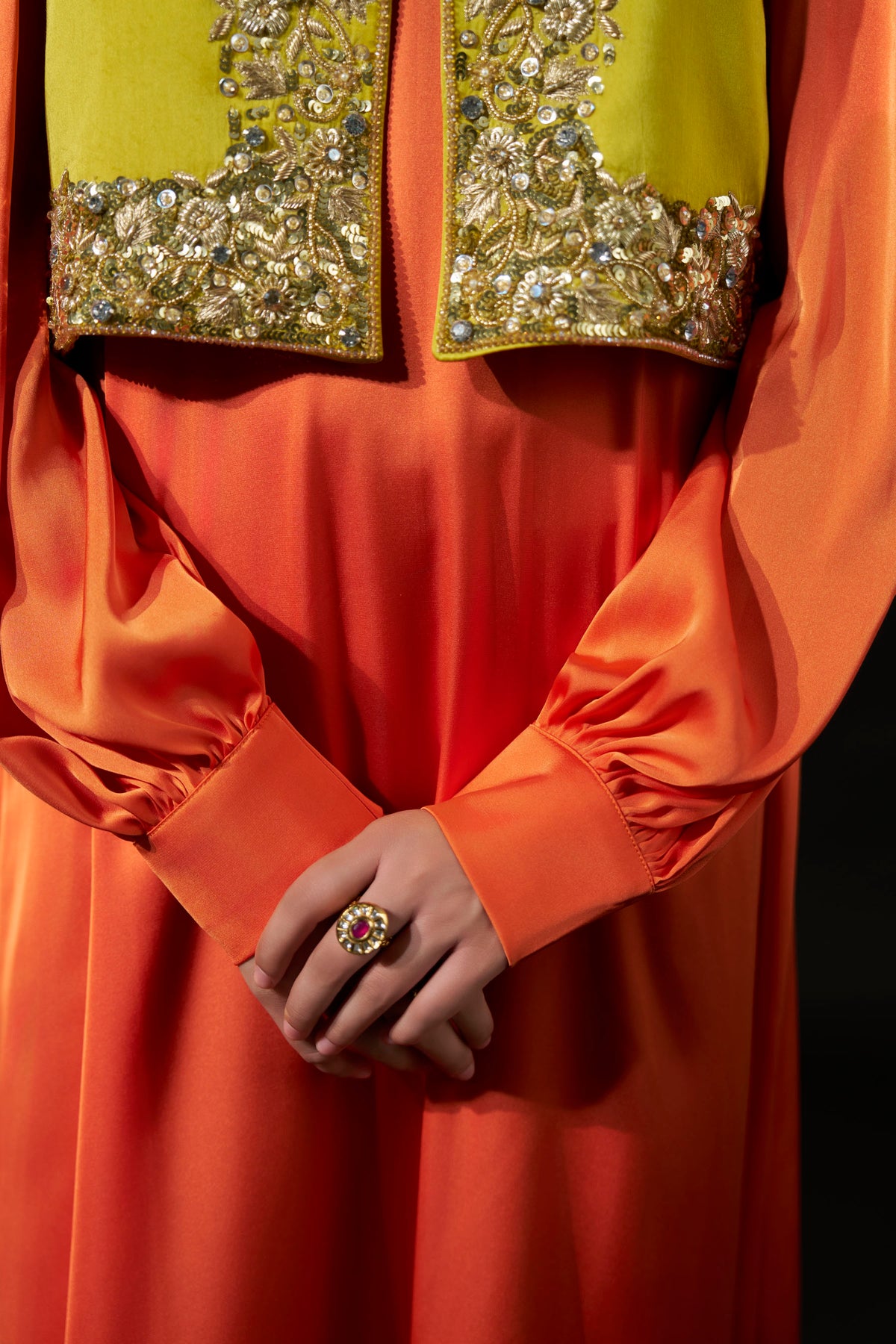Orange Satin Dress with Embellished Yellow Jacket
