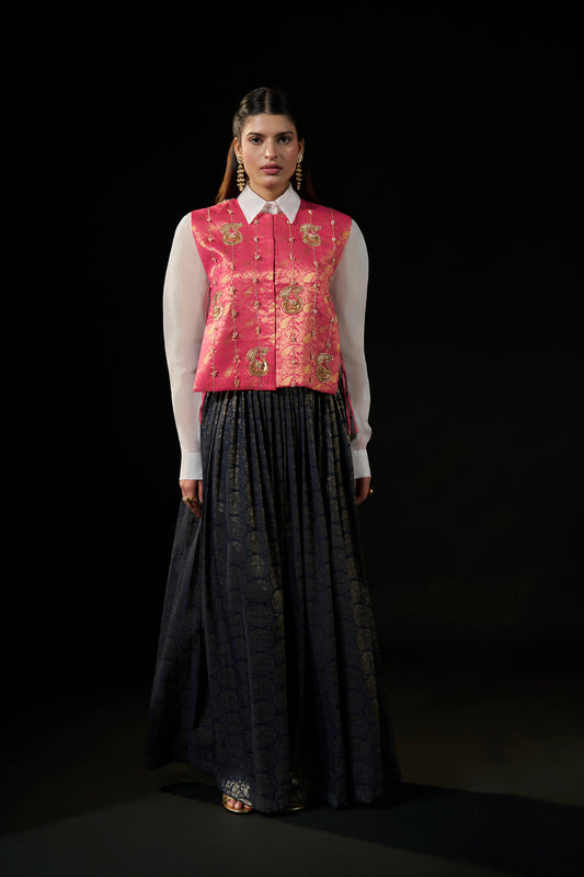 Navy Blue Brocade KanjiPattu Skirt