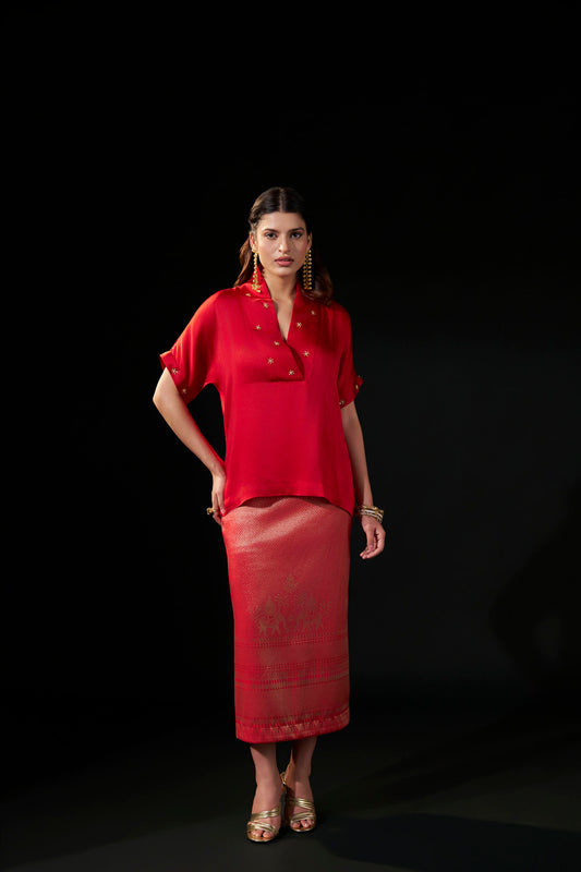 Red Satin Embellished Top