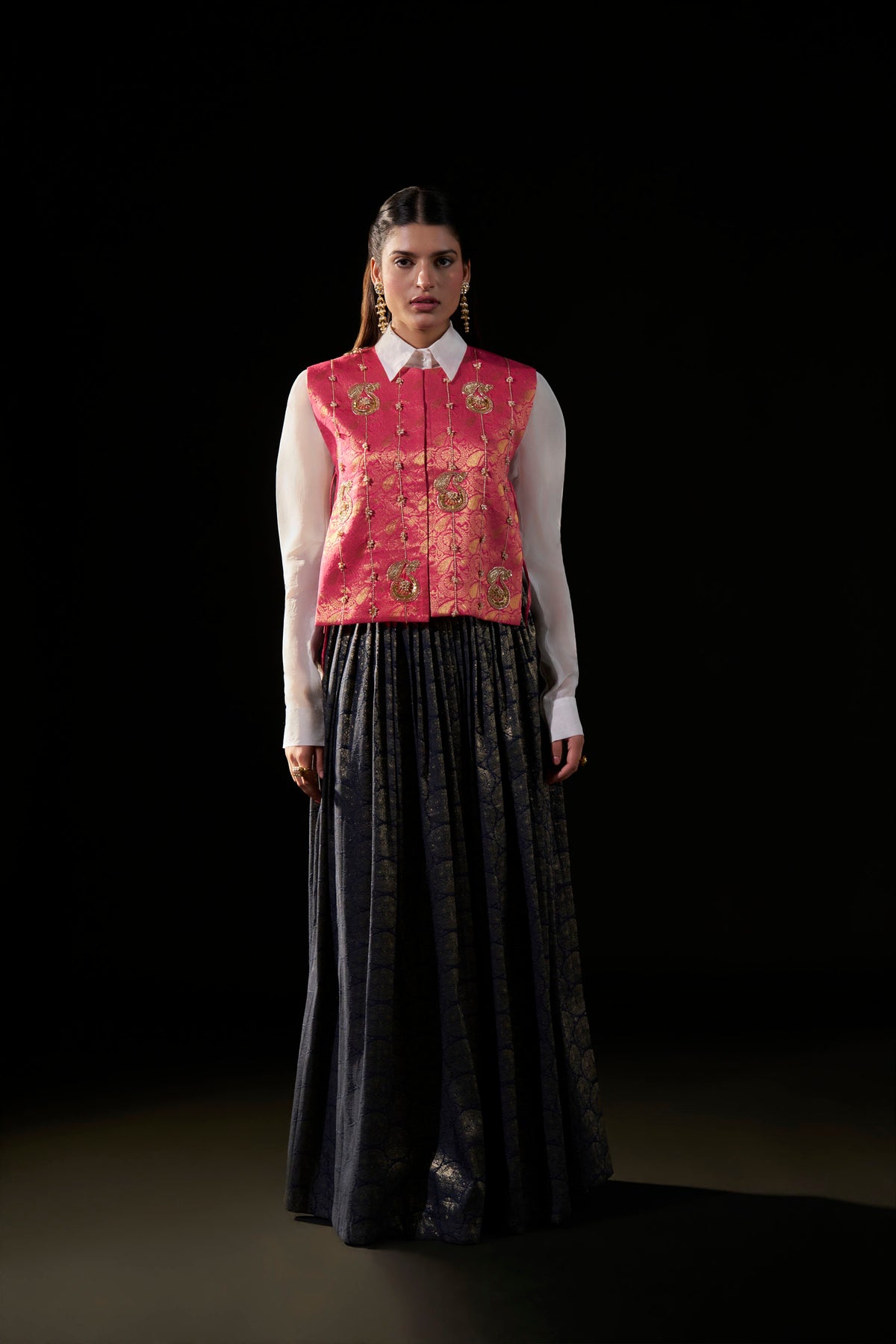 Navy Blue Brocade KanjiPattu Skirt