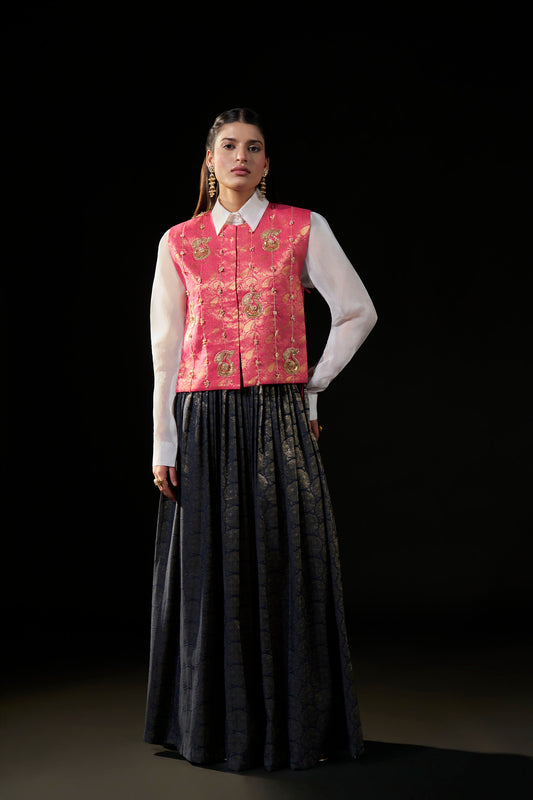 Pink Embellished Jacket with White Organza Shirt