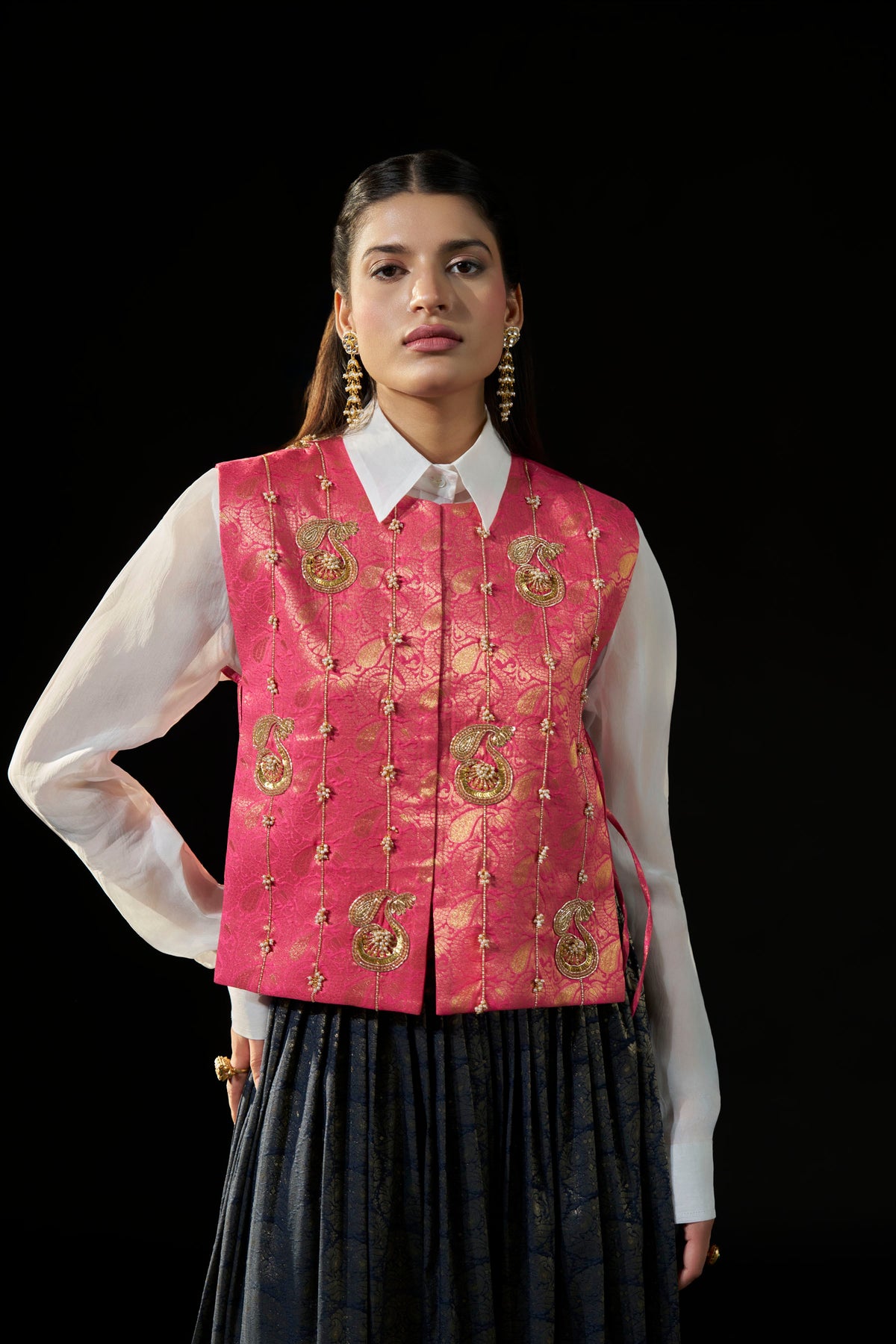 Pink Embellished Jacket with White Organza Shirt