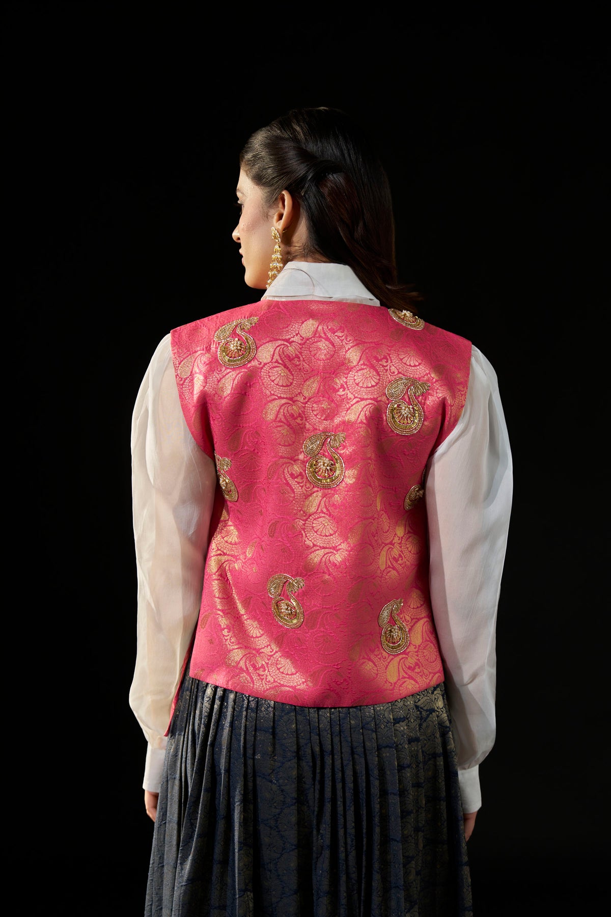 Pink Embellished Jacket with White Organza Shirt