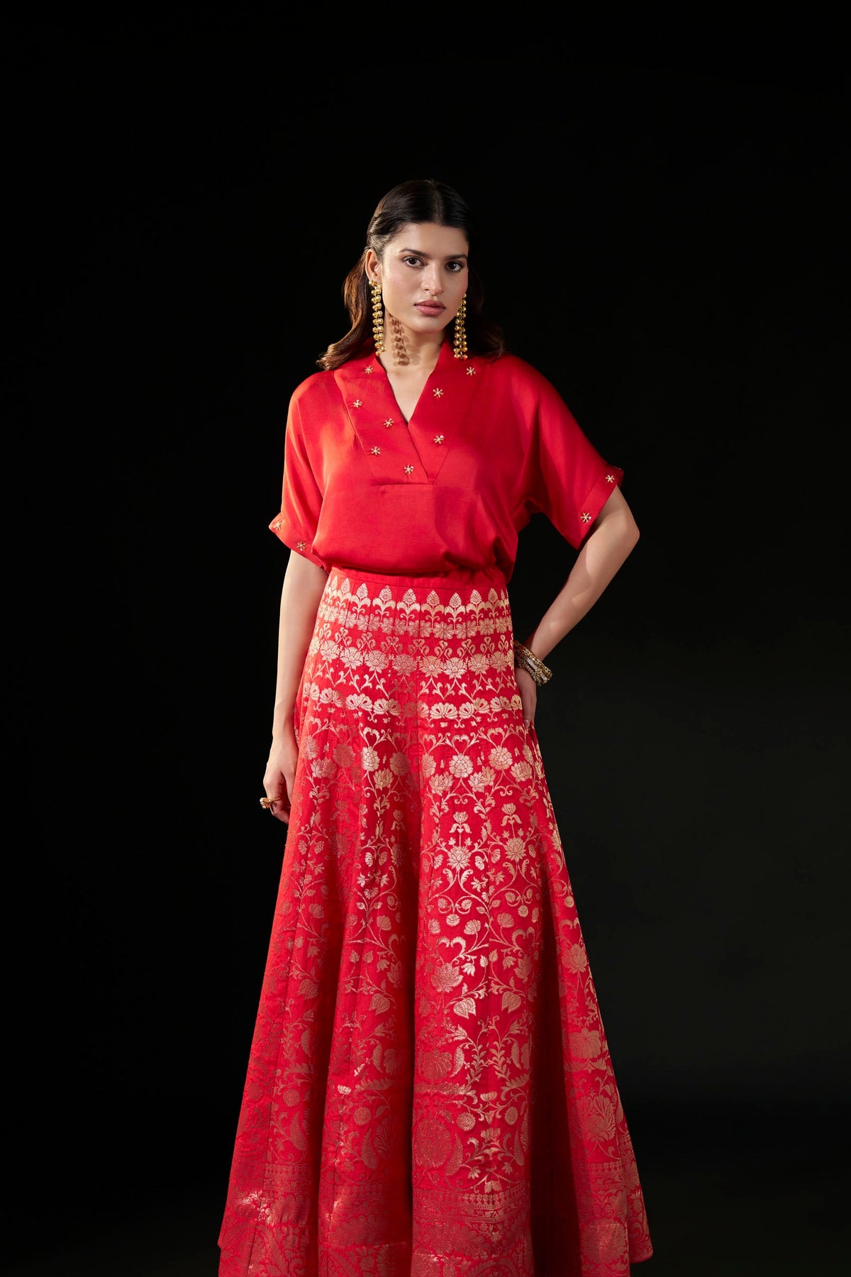Red Brocade Flared Skirt
