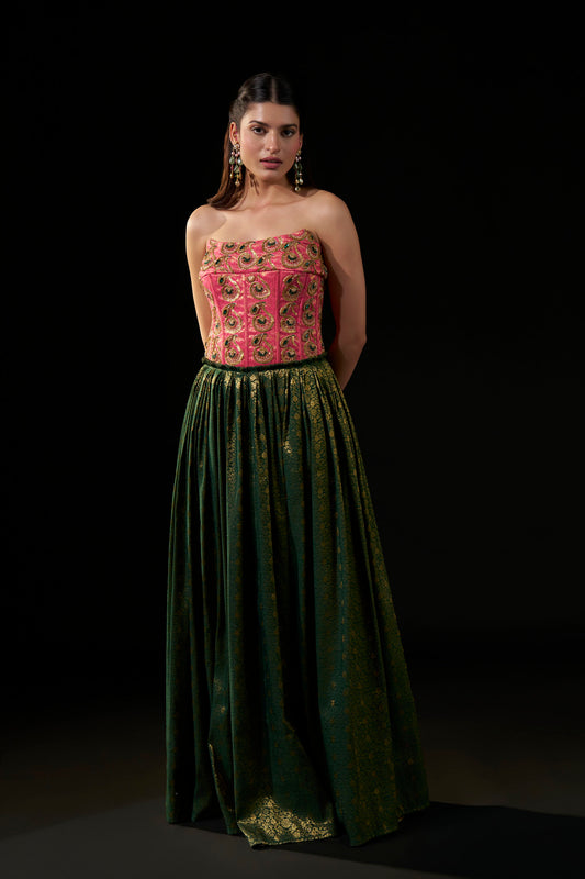 Pink & Emerald Green Hand-Embellished Brocade Kanji Pattu style  Dress