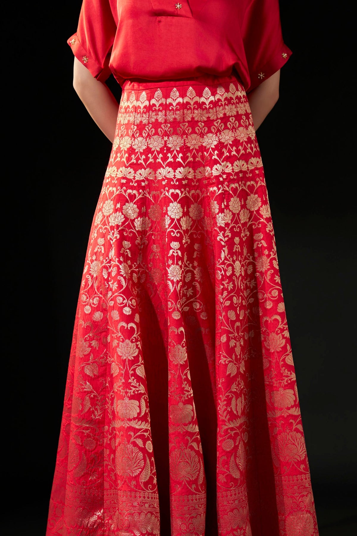 Red Brocade Flared Skirt