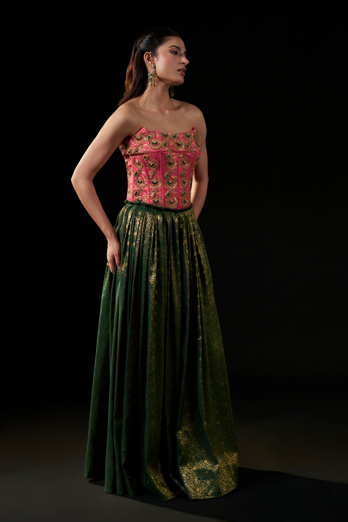 Pink & Emerald Green Hand-Embellished Brocade Kanji Pattu style  Dress