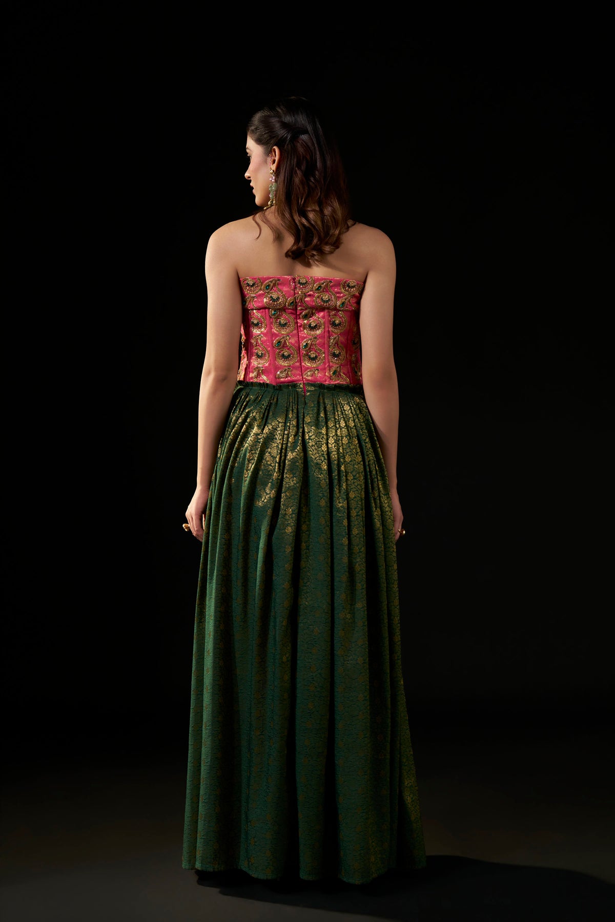 Pink & Emerald Green Hand-Embellished Brocade Kanji Pattu style  Dress