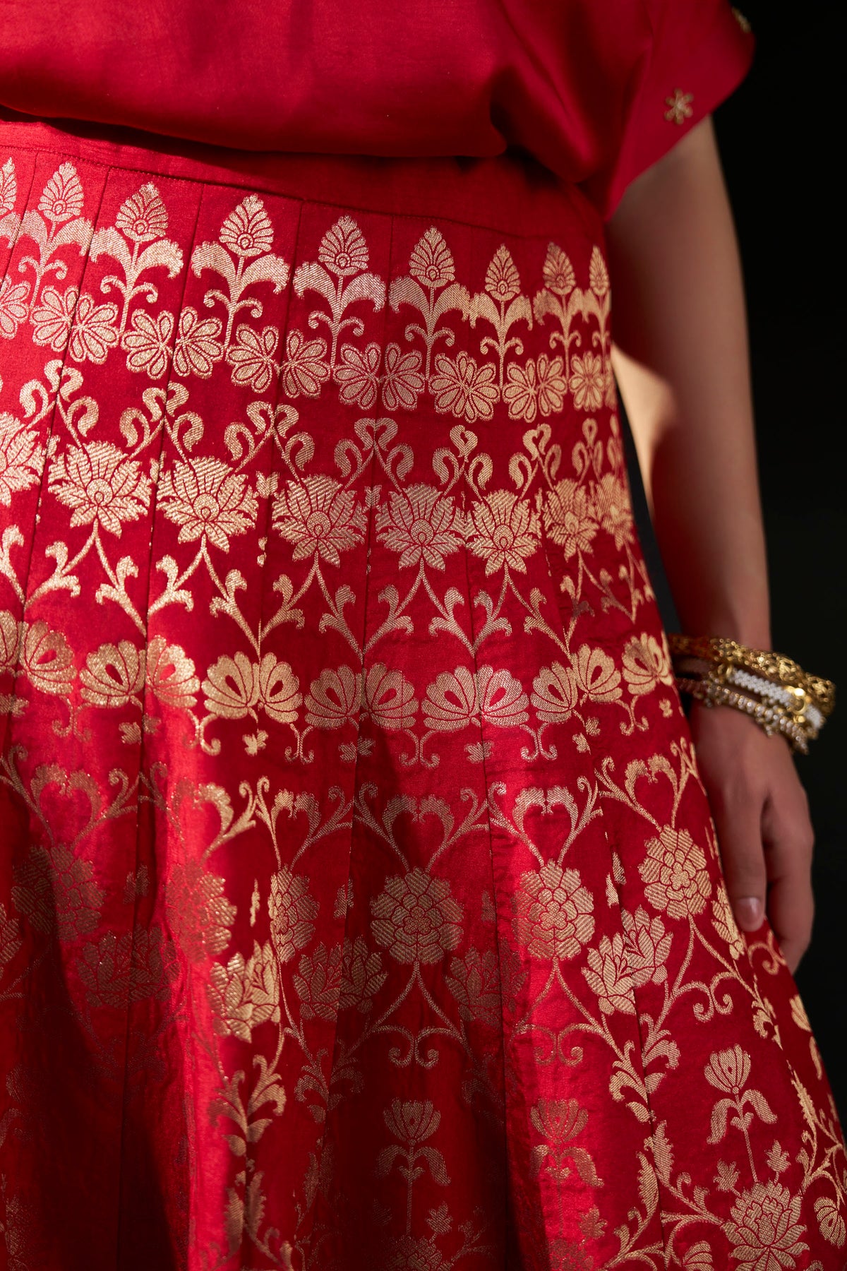 Red Brocade Flared Skirt