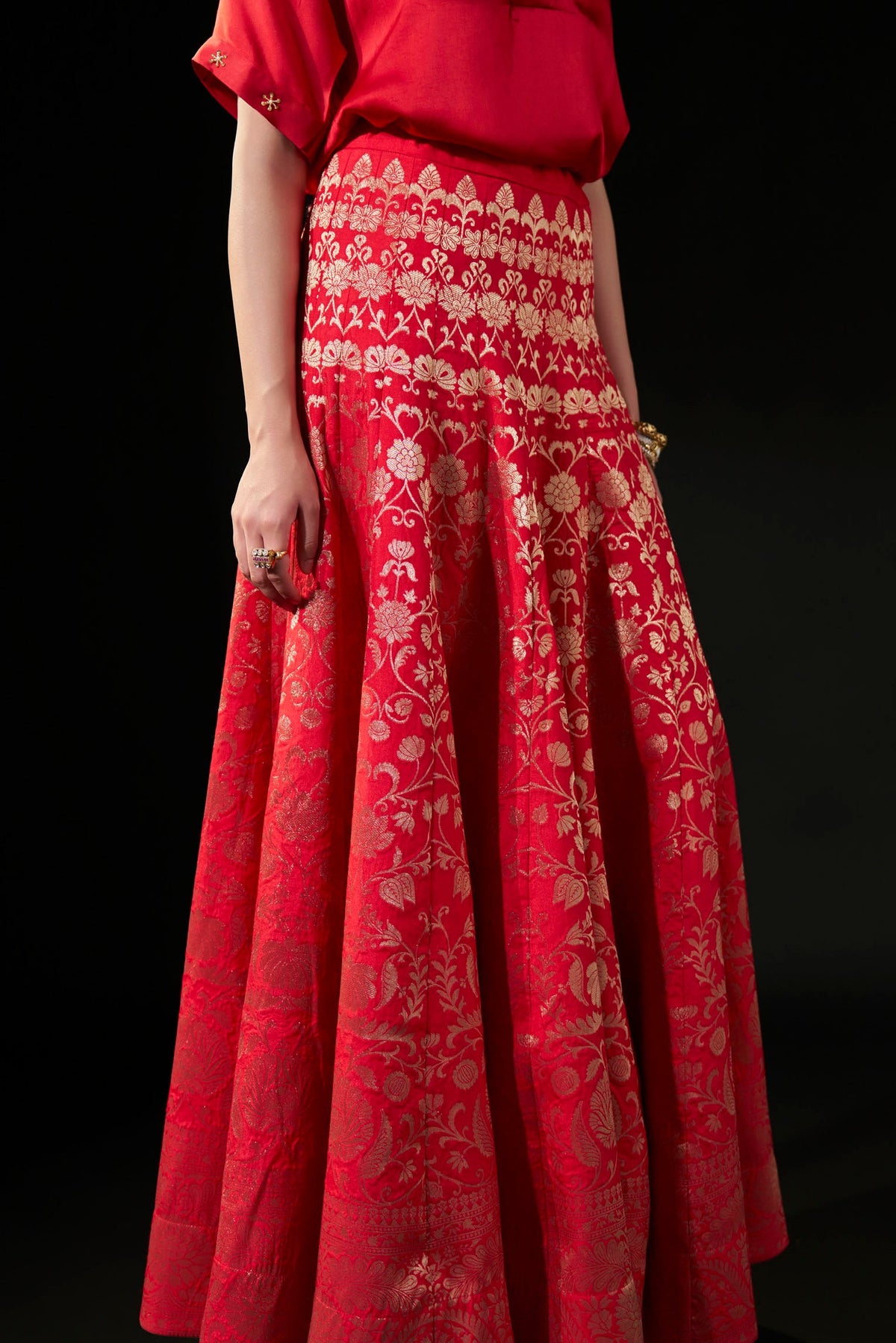 Red Brocade Flared Skirt