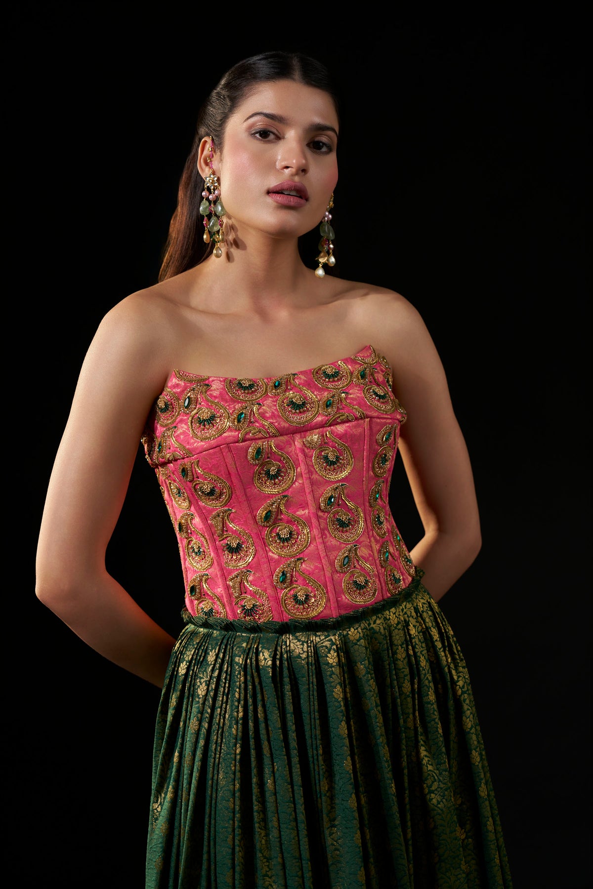 Pink & Emerald Green Hand-Embellished Brocade Kanji Pattu style  Dress