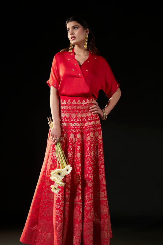Red Brocade Flared Skirt