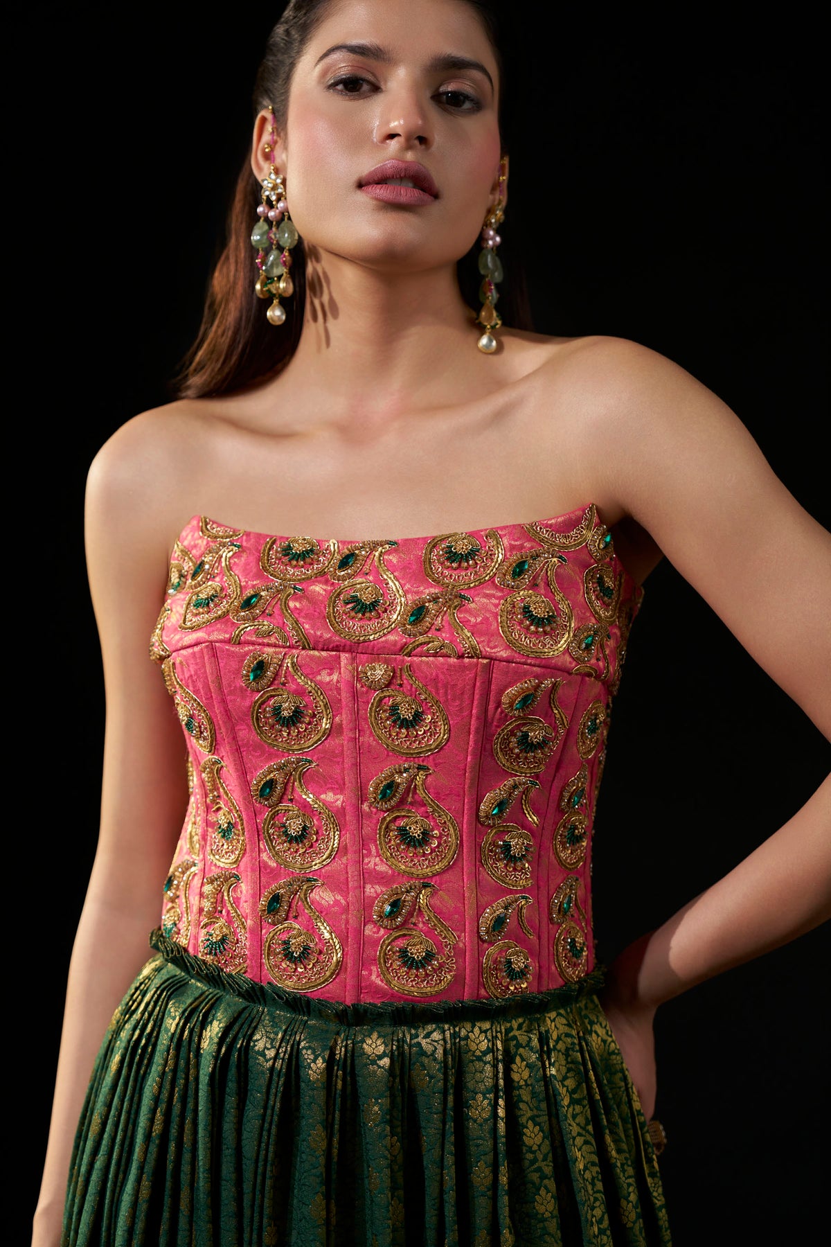 Pink & Emerald Green Hand-Embellished Brocade Kanji Pattu style  Dress