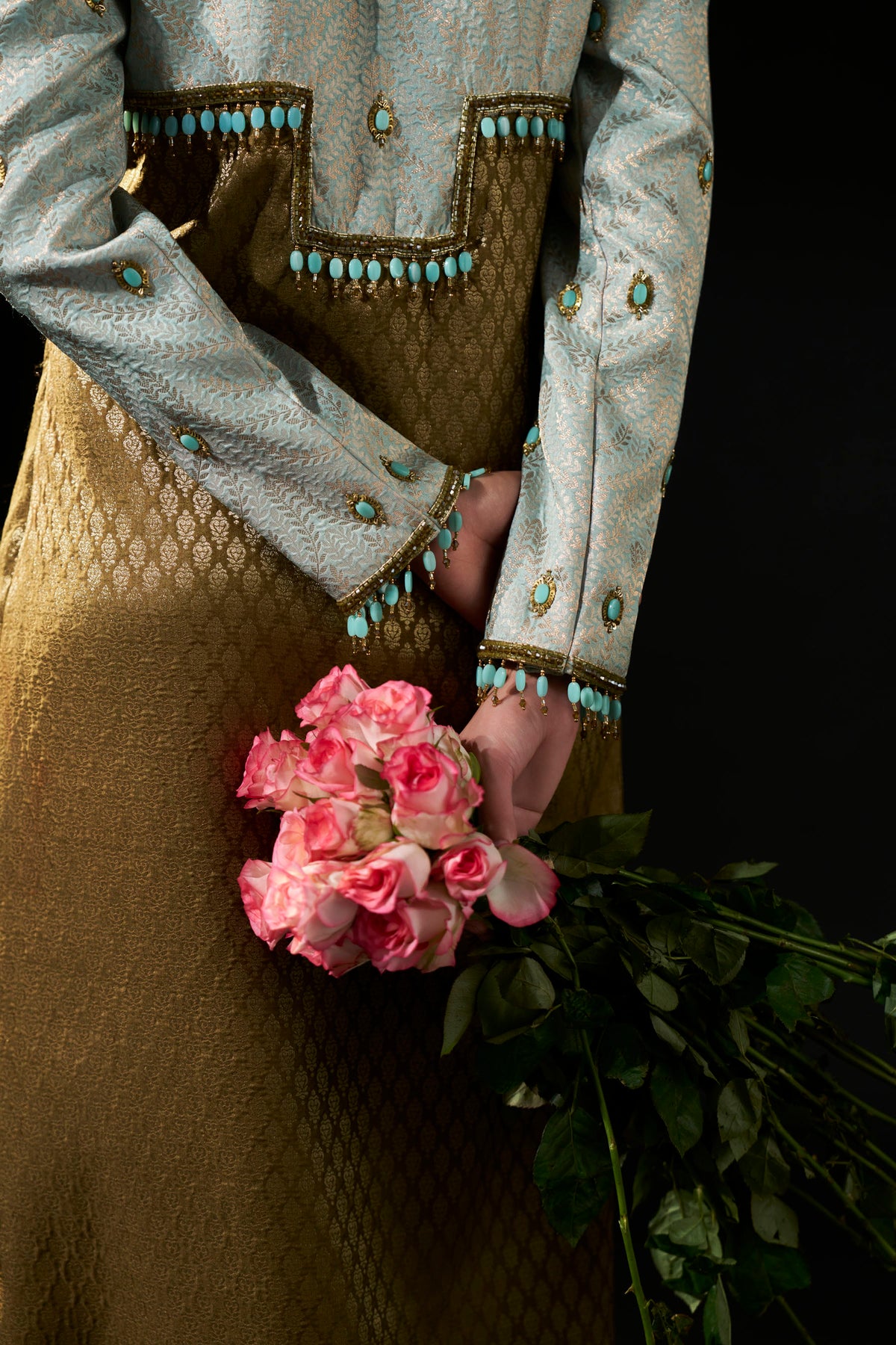 Powder Blue & Antique Gold Hand-Embellished Brocade Dress