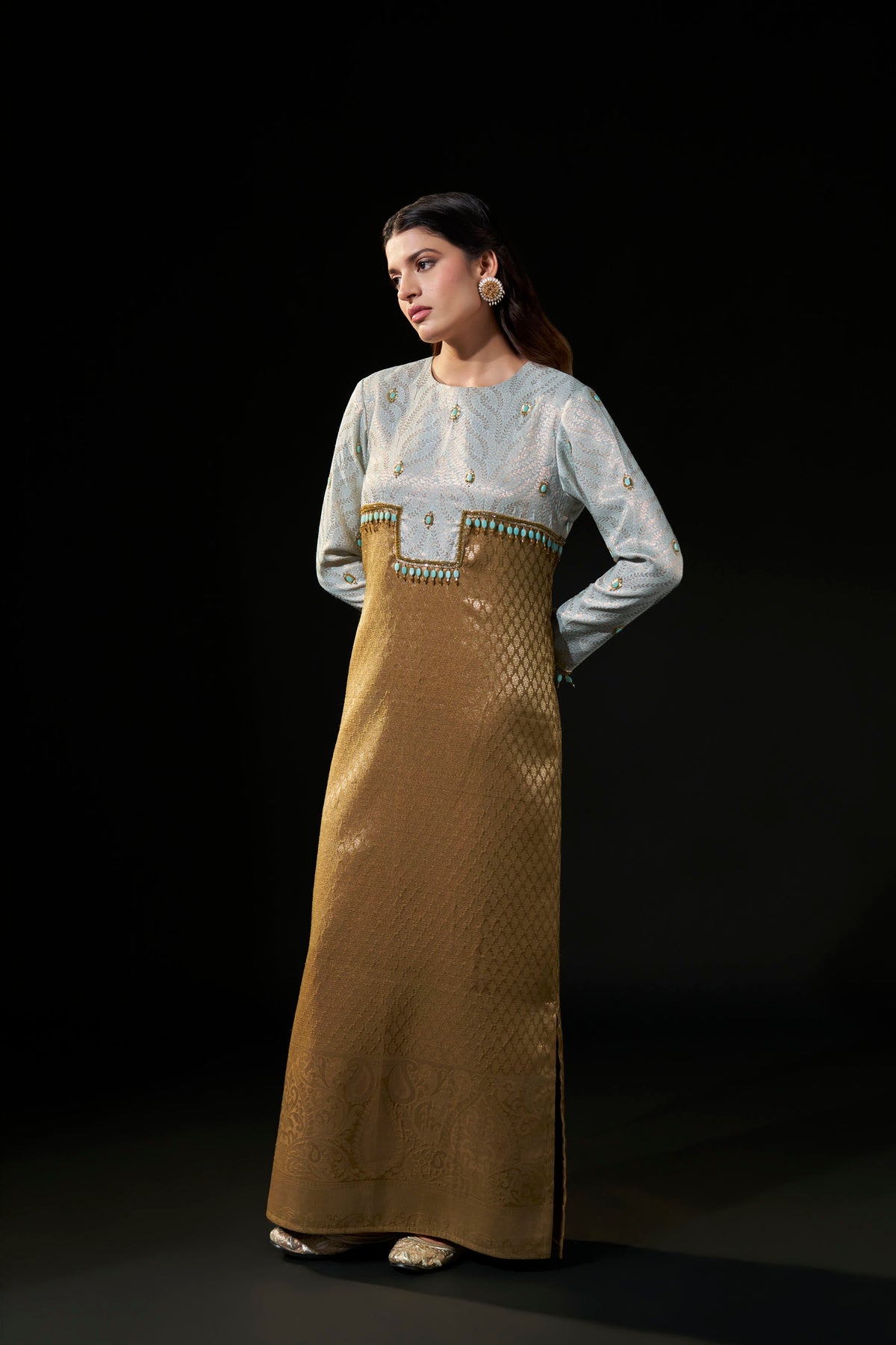Powder Blue & Antique Gold Hand-Embellished Brocade Dress