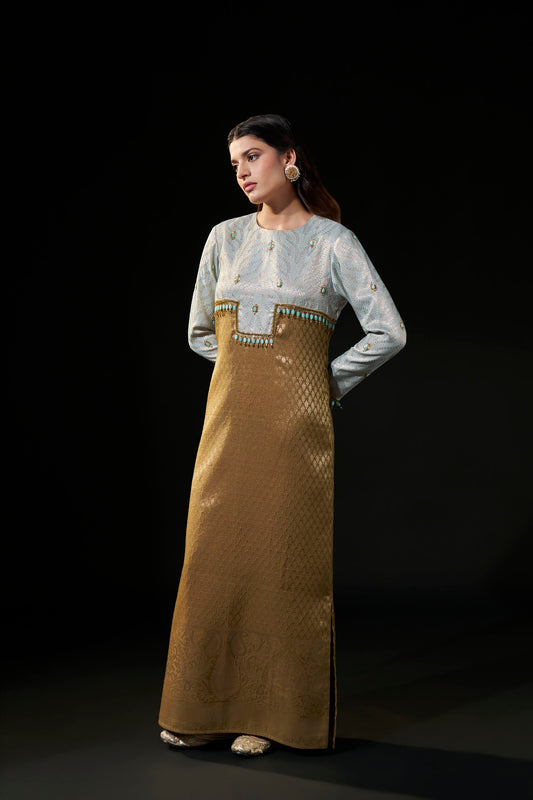 Powder Blue & Antique Gold Hand-Embellished Brocade Dress
