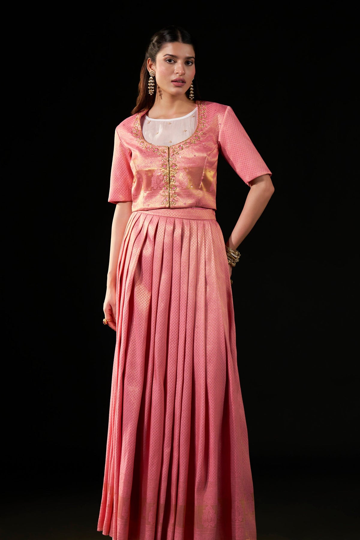 Blush Pink Brocade Kanjipattu Skirt