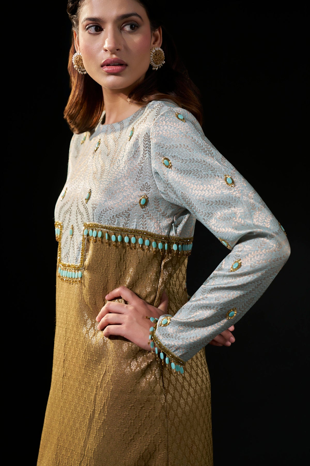 Powder Blue & Antique Gold Hand-Embellished Brocade Dress