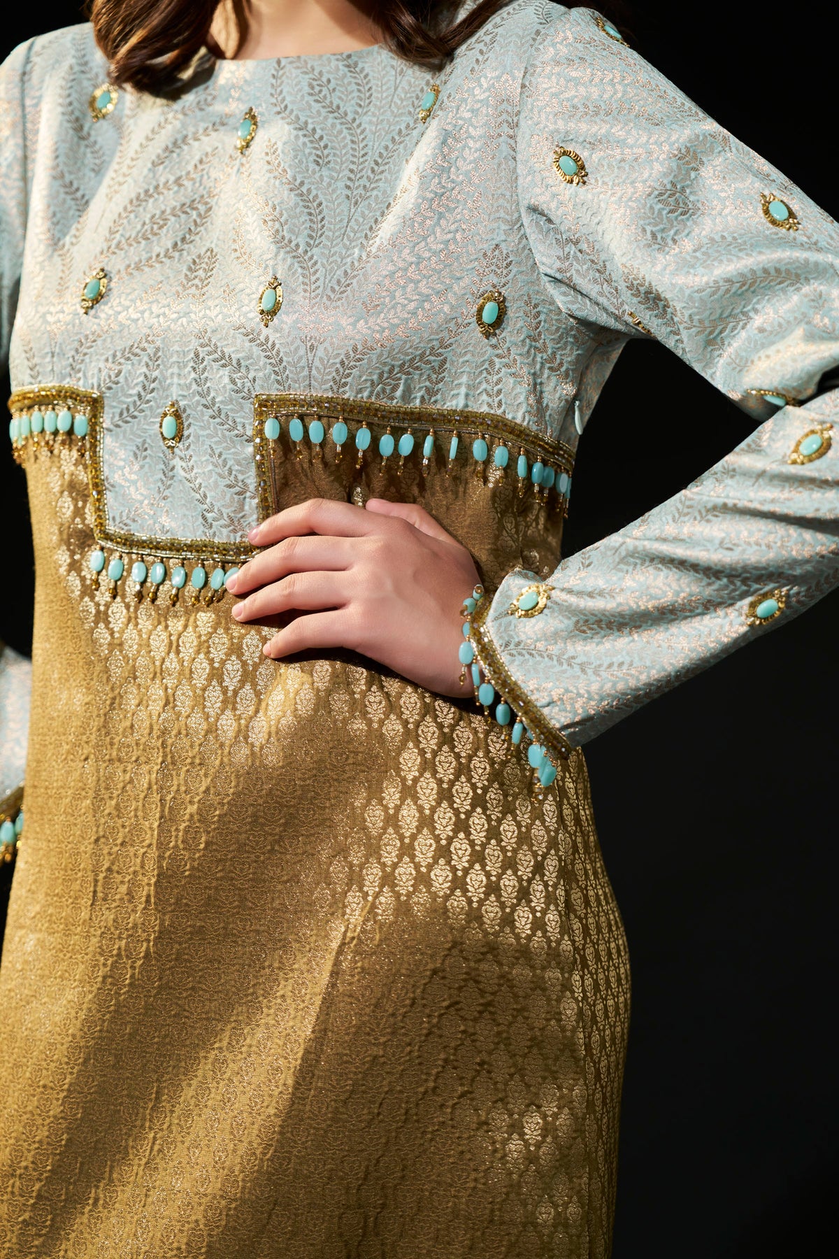Powder Blue & Antique Gold Hand-Embellished Brocade Dress