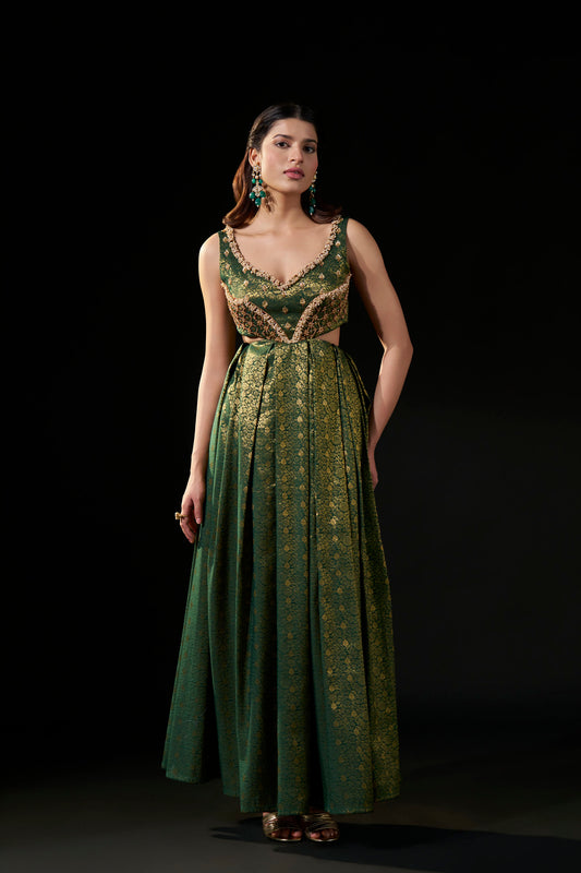 Emerald Green Hand-Embellished Brocade Gown