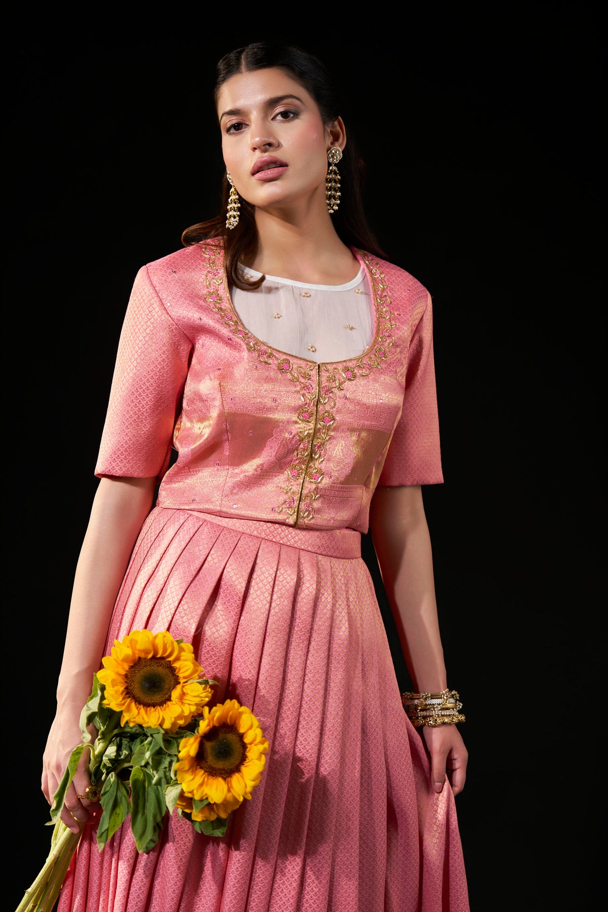 Blush Pink Brocade Designer Blouse with Organza Inner