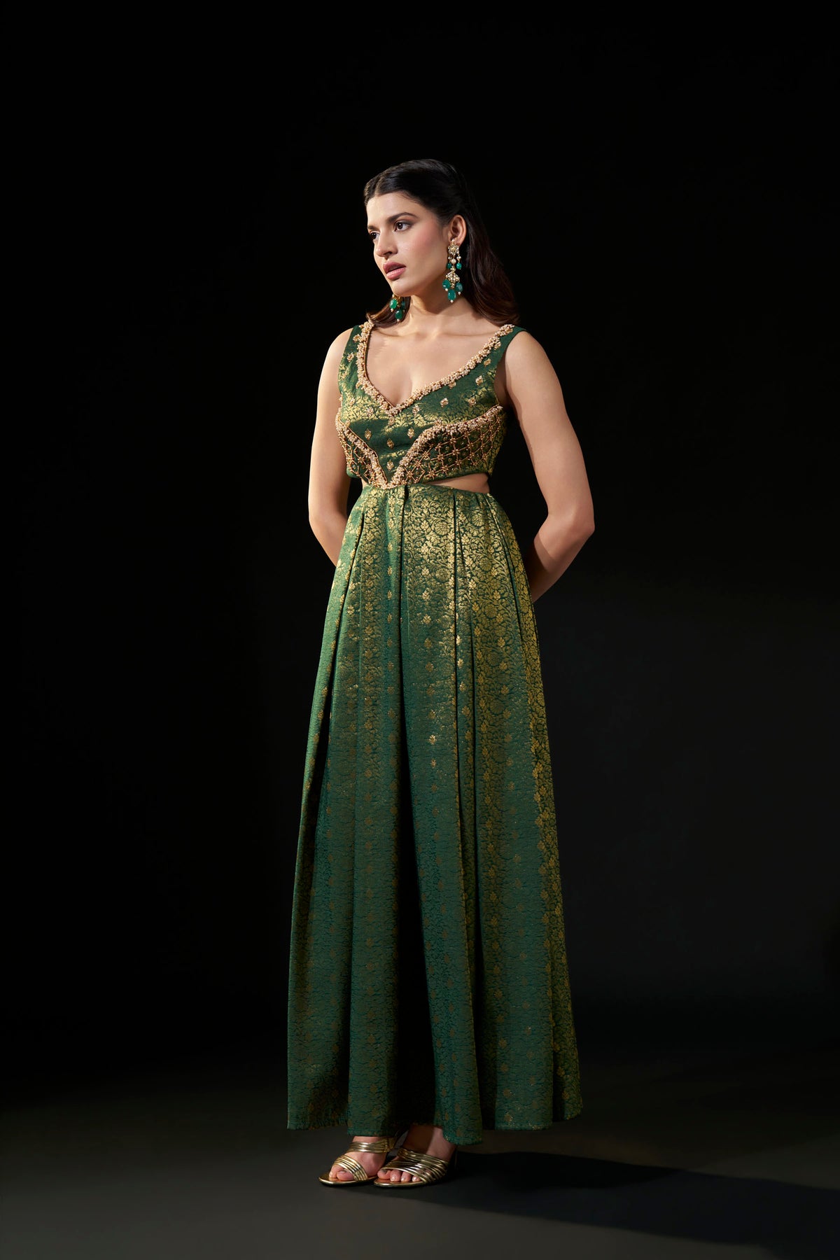 Emerald Green Hand-Embellished Brocade Gown